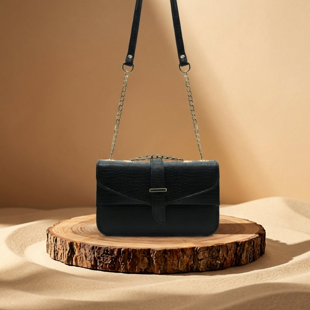 Croc-Texture Chain Crossbody - black croc-texture crossbody bag for women